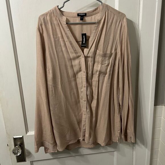 Express Beige Button-Up Blouse - Picture 1 of 4